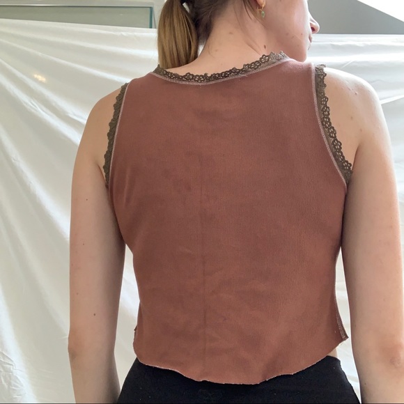 Chocolate Brown Lace Trim Ribbed Tank - Picture 3 of 6